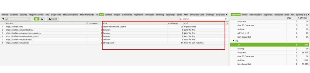 Check H2’ tab in Screaming Frog
