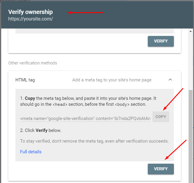 Verification via HTML Tag