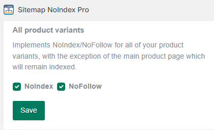 Configure Product Variant No-Index in the App