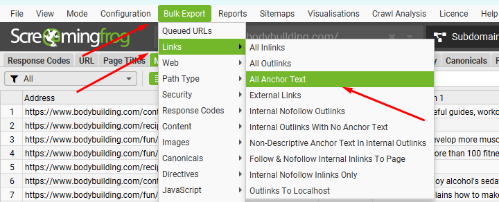 Export Anchor Text Data